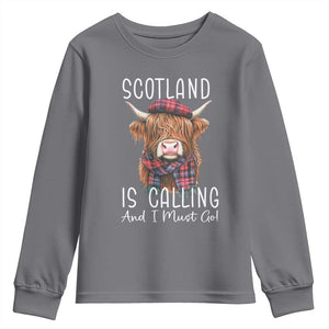 Funny Scotland Is Calling And I Must Go Youth Sweatshirt Highland Cow TS11 Charcoal Print Your Wear