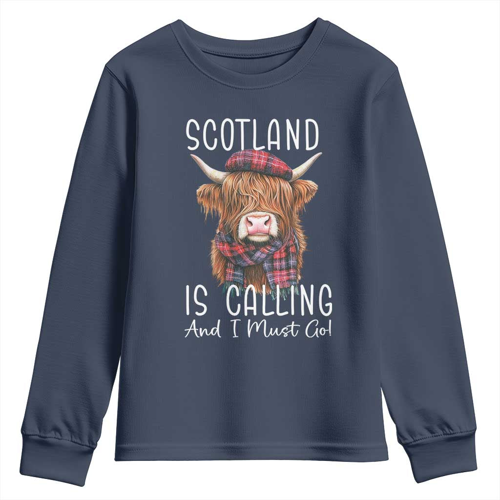 Funny Scotland Is Calling And I Must Go Youth Sweatshirt Highland Cow TS11 Navy Print Your Wear