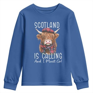 Funny Scotland Is Calling And I Must Go Youth Sweatshirt Highland Cow TS11 Royal Blue Print Your Wear