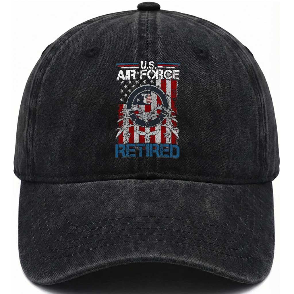 Veteran US Air Force Retired Washed Cotton Baseball Cap Vintage American Flag TS11 Washed Cap Universal Fit Black Print Your Wear
