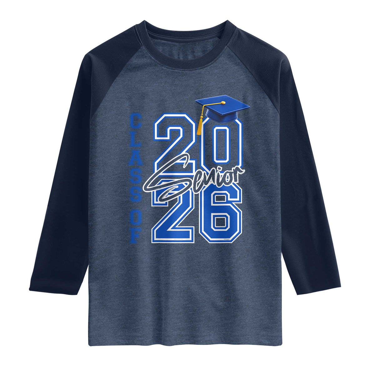 Class of 2026 Senior Raglan Shirt School Graduation 26 TS11 Heather Denim Navy Print Your Wear