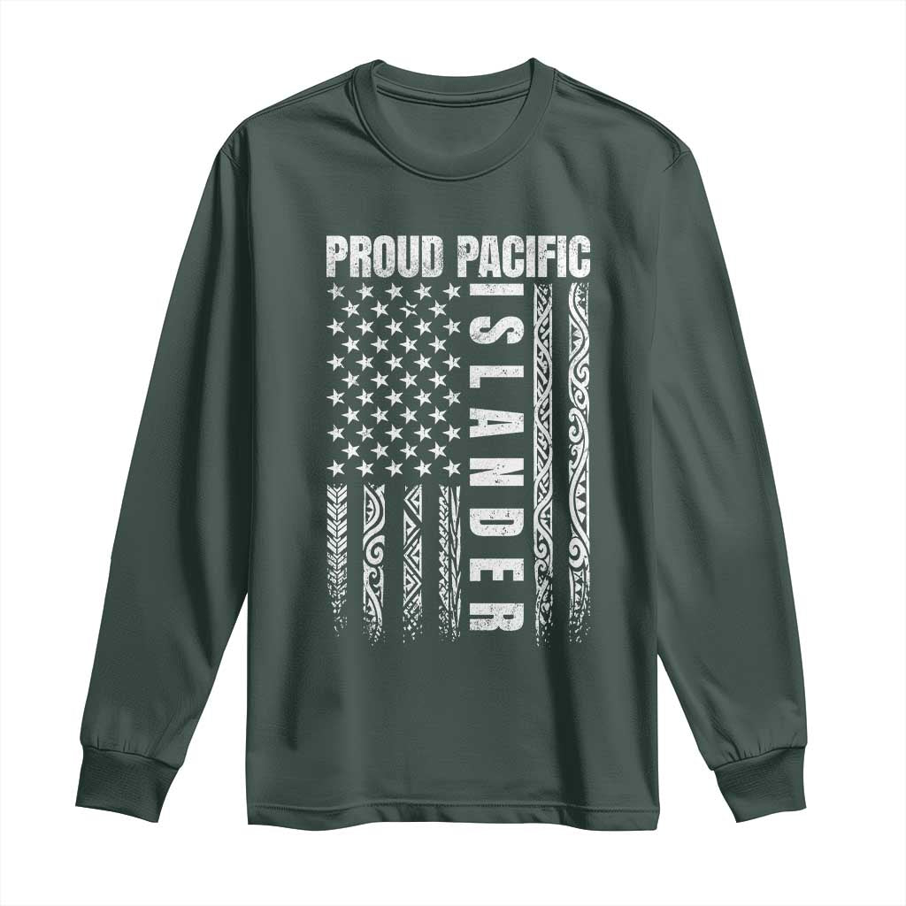 Proud Pacific Islander Long Sleeve Shirt AAPI Heritage Month Polynesian Tribal American Flag TS11 Dark Forest Green Print Your Wear