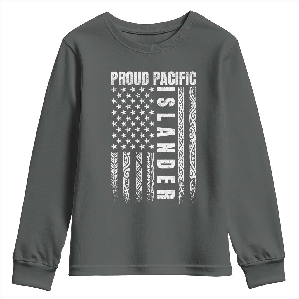 Proud Pacific Islander Youth Sweatshirt AAPI Heritage Month Polynesian Tribal American Flag TS11 Dark Heather Print Your Wear