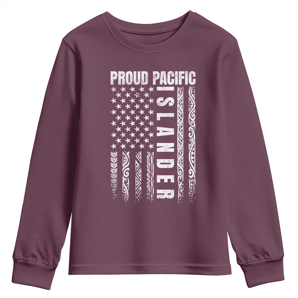 Proud Pacific Islander Youth Sweatshirt AAPI Heritage Month Polynesian Tribal American Flag TS11 Maroon Print Your Wear