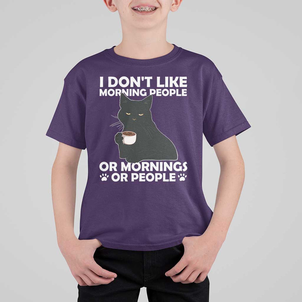 Sarcastic Cat T Shirt For Kid I Don't Like Morning People Mean Face With Coffee Cup TS11 Purple Print Your Wear
