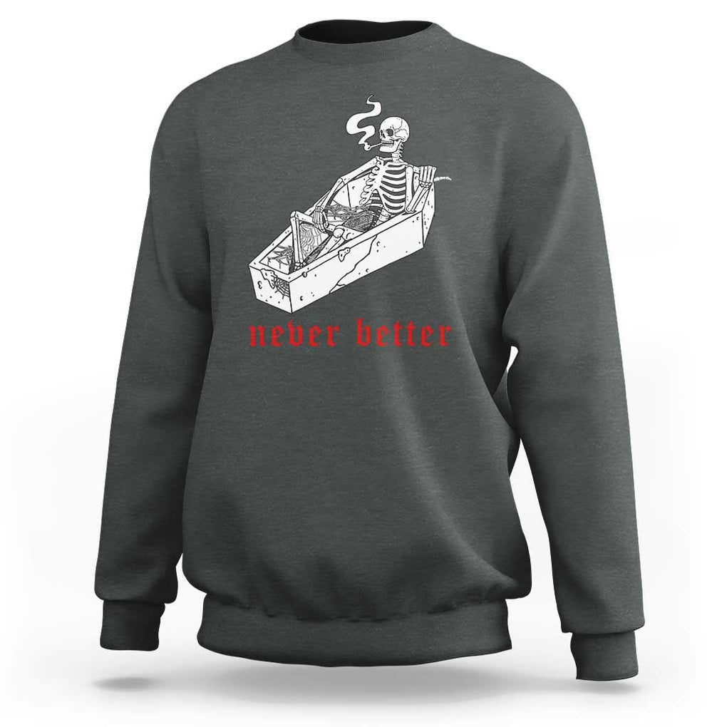 Funny Skeleton Sweatshirt Never Better Skull Coffin Smoke TS11 Dark Heather Print Your Wear