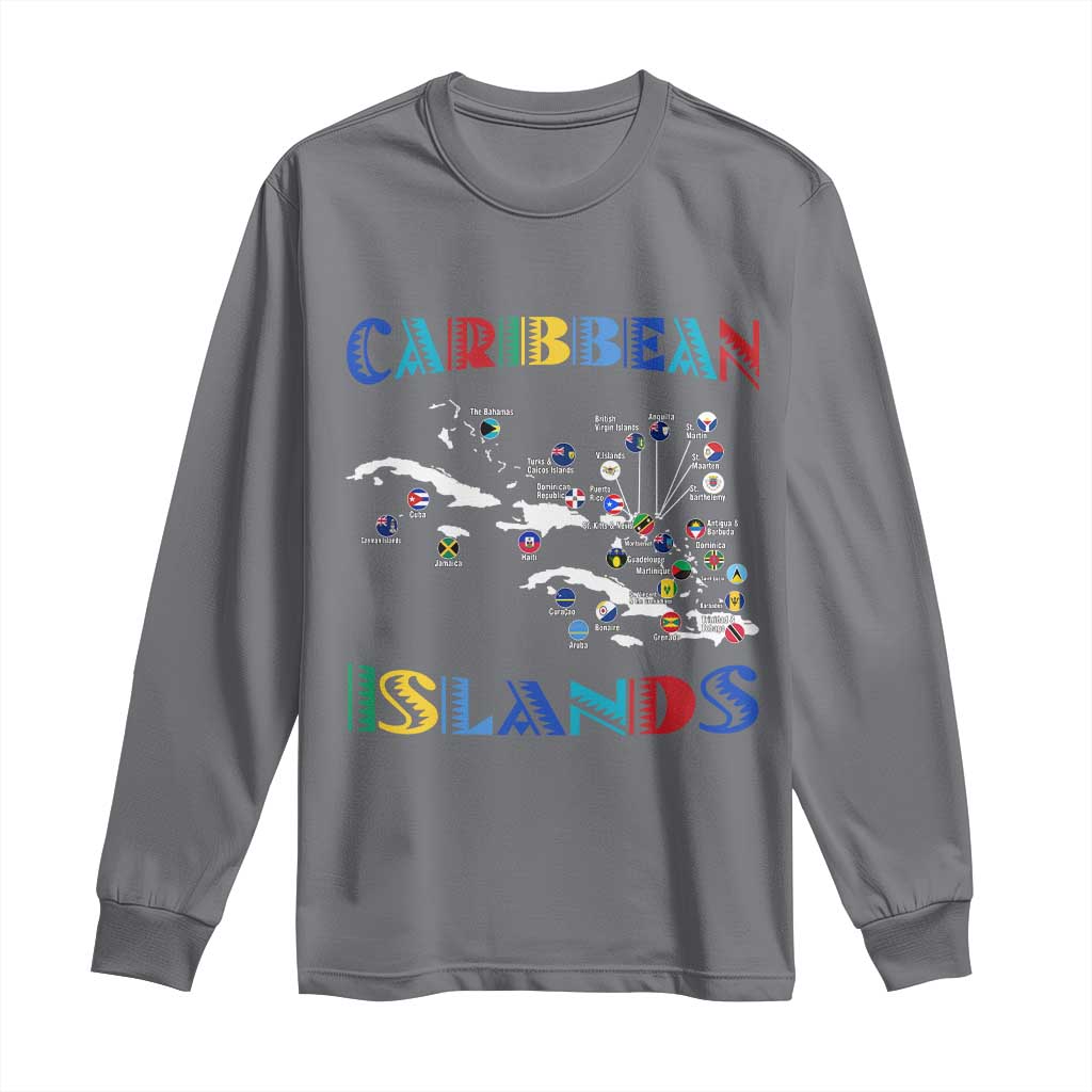 Caribbean Islands Long Sleeve Shirt Caribbean Sea Tour Map Flag TS11 Charcoal Print Your Wear