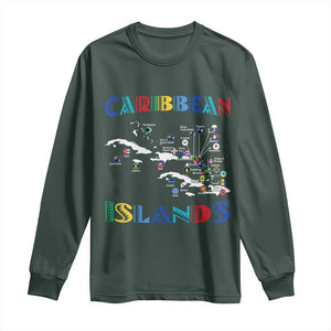Caribbean Islands Long Sleeve Shirt Caribbean Sea Tour Map Flag TS11 Dark Forest Green Print Your Wear