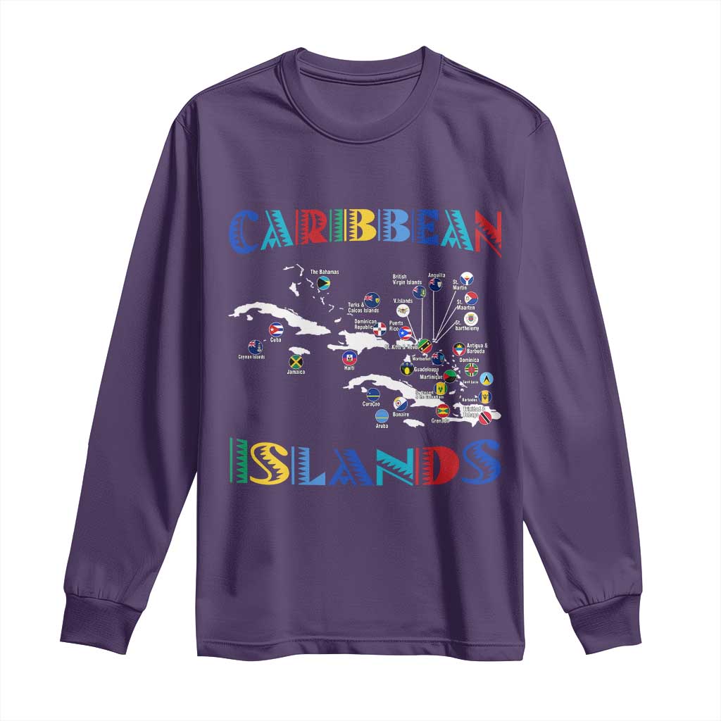 Caribbean Islands Long Sleeve Shirt Caribbean Sea Tour Map Flag TS11 Purple Print Your Wear