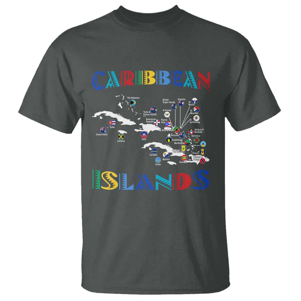 Caribbean Islands T Shirt Caribbean Sea Tour Map Flag TS11 Dark Heather Print Your Wear