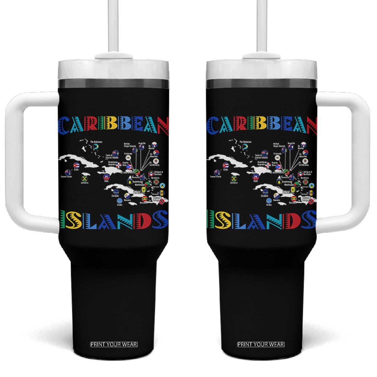 Caribbean Islands Tumbler With Handle Caribbean Sea Tour Map Flag TS11 One Size: 40 oz Black Print Your Wear