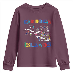 Caribbean Islands Youth Sweatshirt Caribbean Sea Tour Map Flag TS11 Maroon Print Your Wear