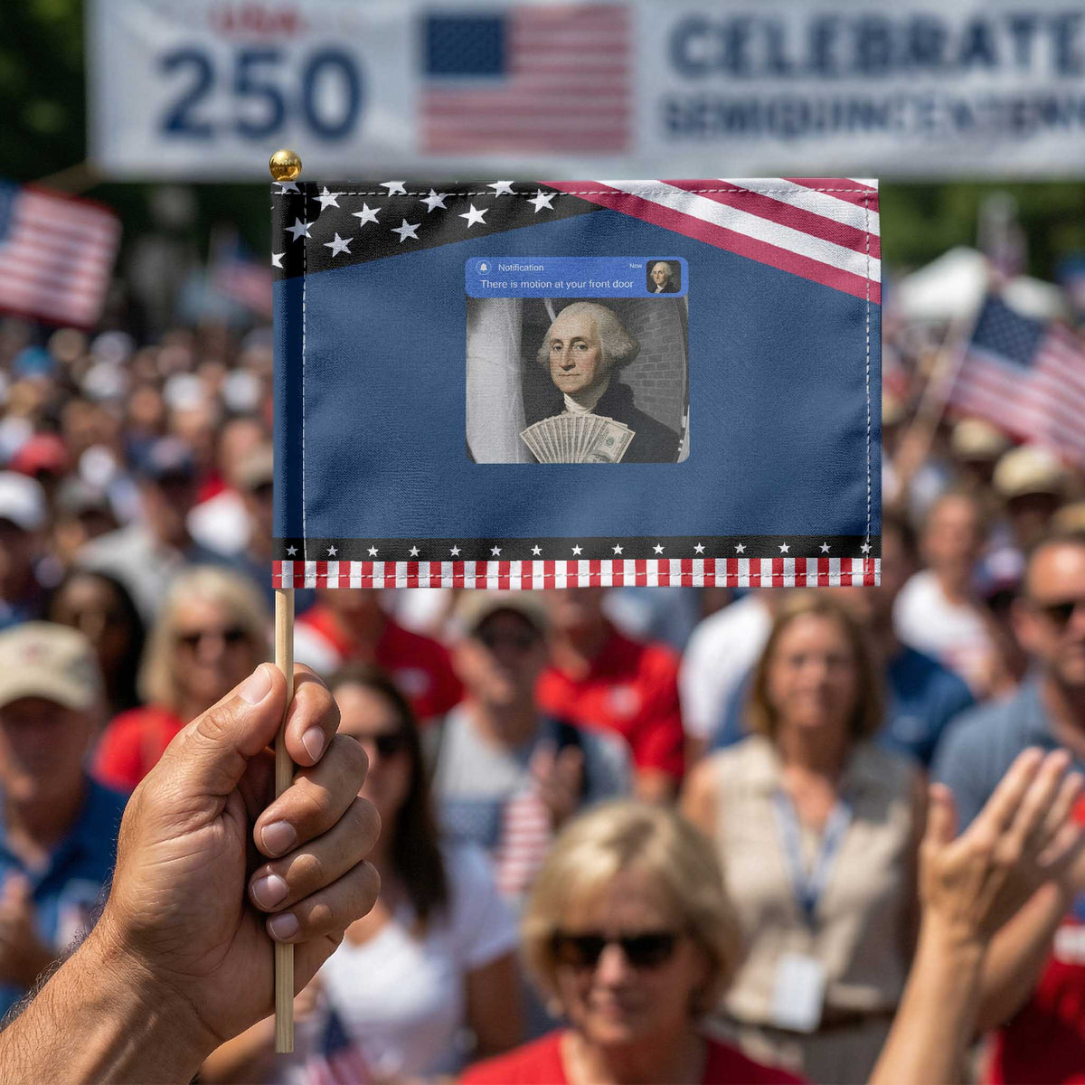 There is Motion At Your Front Door George Washington Meme Patriotic Handheld Flag TS11 Classic 8.2