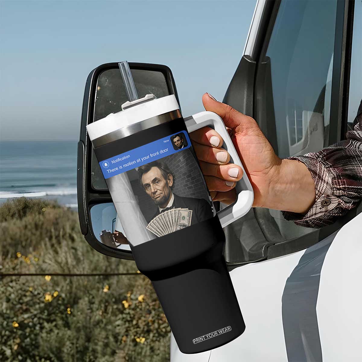 There is Motion At Your Front Door Abraham Lincoln Meme Tumbler With Handle TS11 Print Your Wear