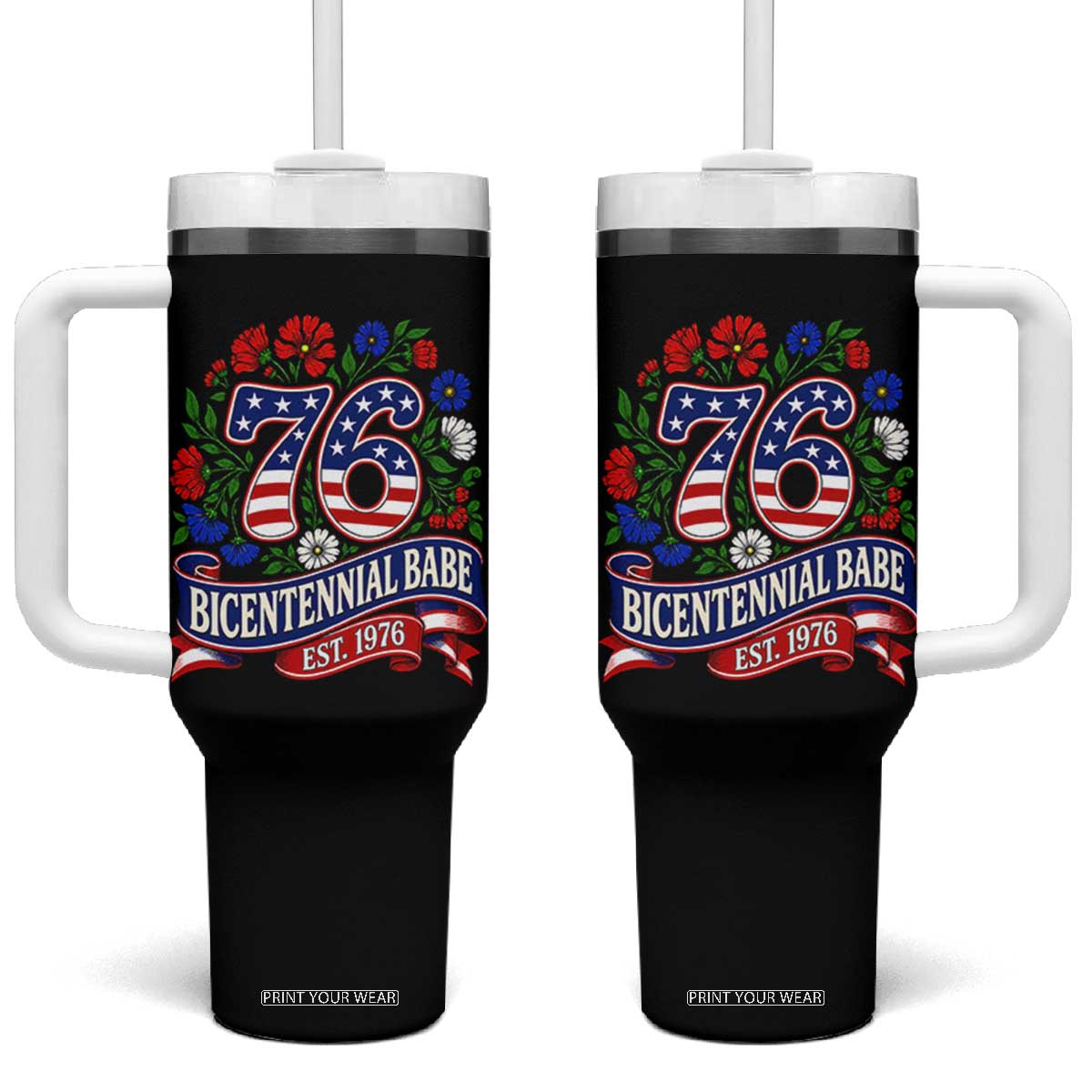 Bicentennial Babe 50th Birthday Tumbler With Handle Vintage 1976 Retro USA Floral TS11 One Size: 40 oz Black Print Your Wear