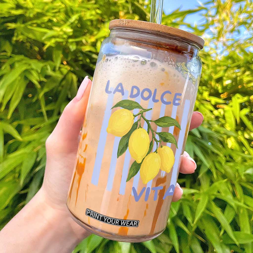 La Dolce Vita Lemon Italian Summer Glass Can Blue Striped TS11 White Print Your Wear