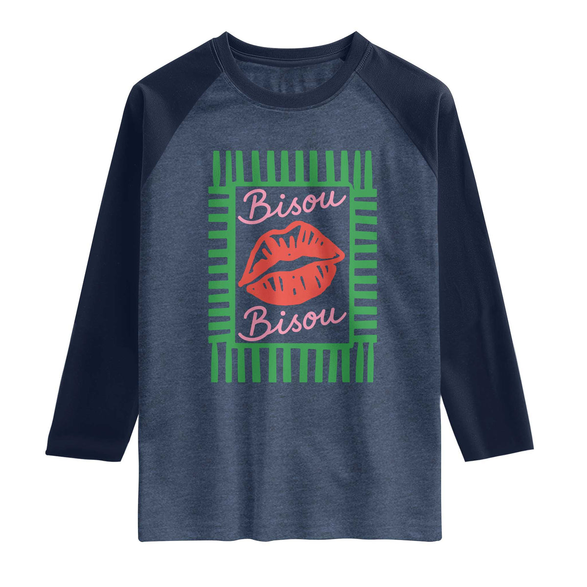 French Bisous Paris Vacation Retro Summer Vibes Raglan Shirt TS11 Heather Denim Navy Print Your Wear
