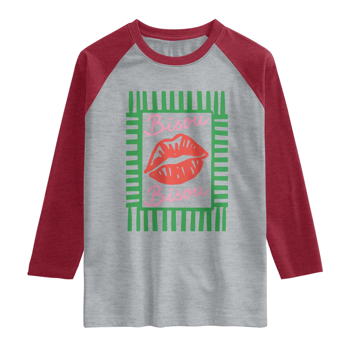 French Bisous Paris Vacation Retro Summer Vibes Raglan Shirt TS11 Heather Gray Heather Red Print Your Wear
