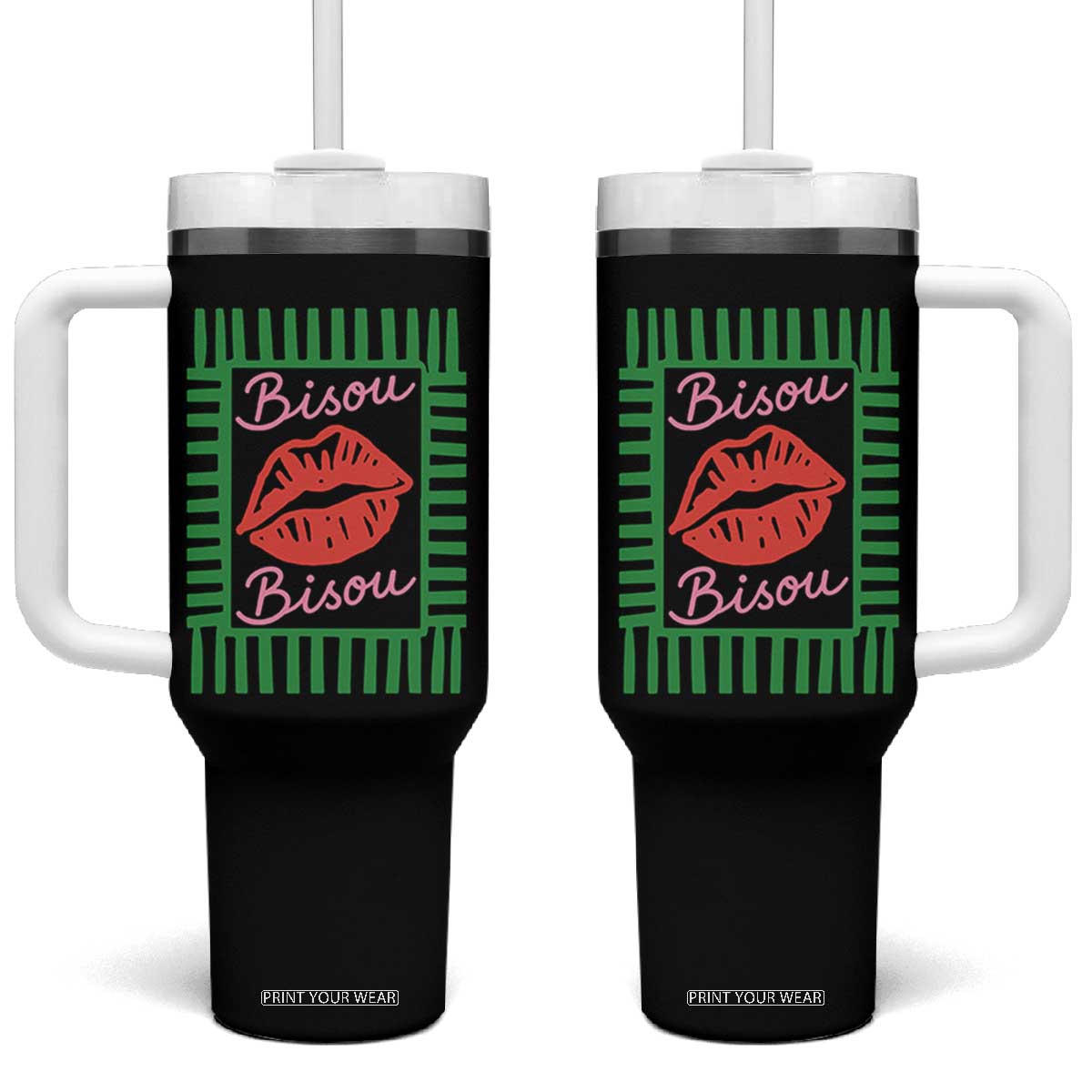 French Bisous Paris Vacation Retro Summer Vibes Tumbler With Handle TS11 One Size: 40 oz Black Print Your Wear