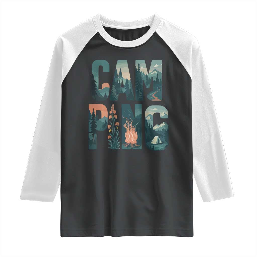 Camping Nature Adventure Campfire Tent Mountains Raglan Shirt TS11 Black White Print Your Wear