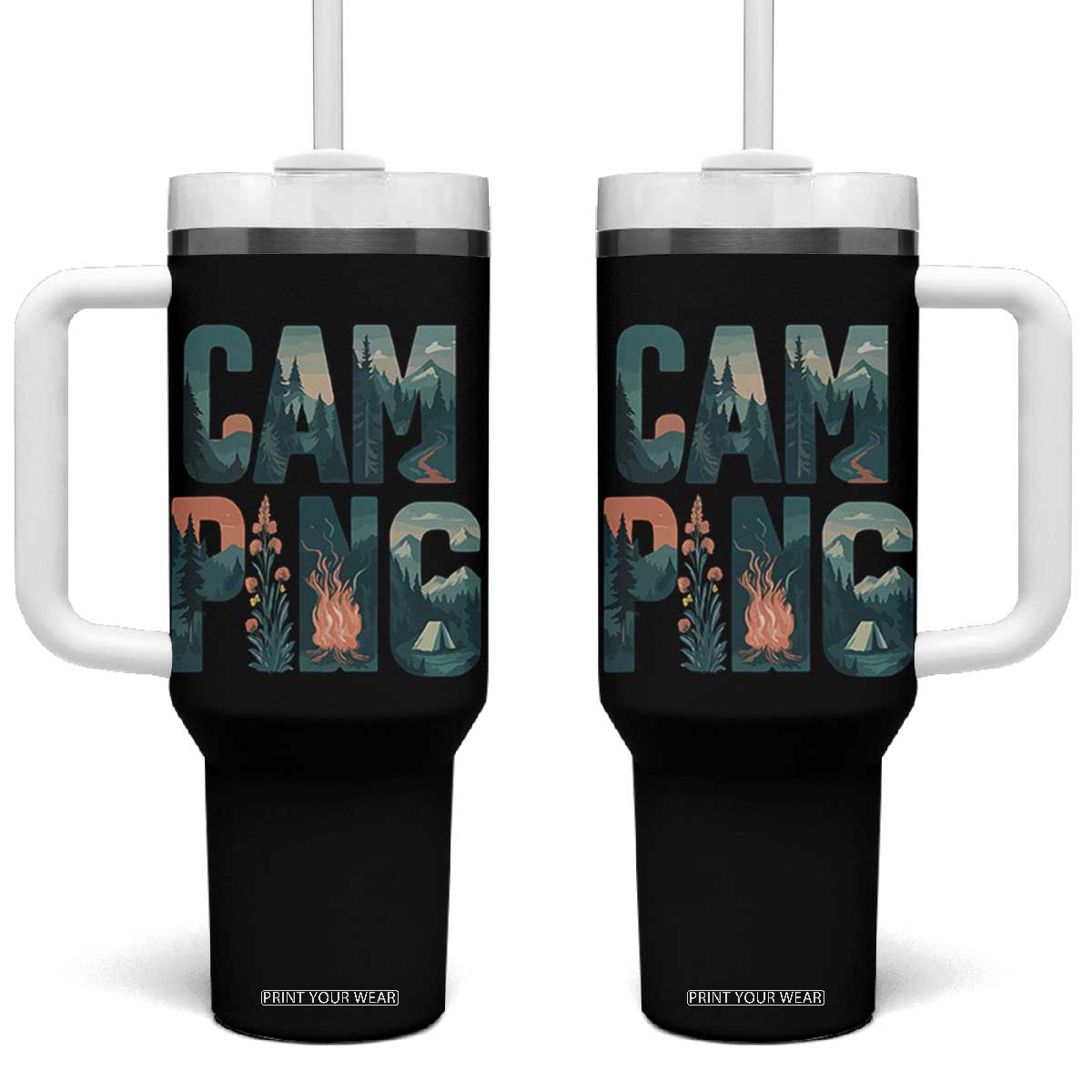 Camping Nature Adventure Campfire Tent Mountains Tumbler With Handle TS11 One Size: 40 oz Black Print Your Wear