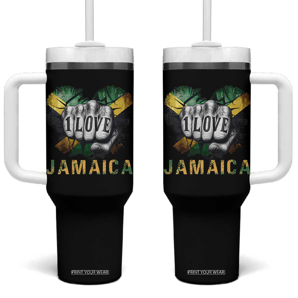 Jamaica One Love Tumbler With Handle Rasta Reggae Punching Hand Jamaican Flag TS11 One Size: 40 oz Black Print Your Wear
