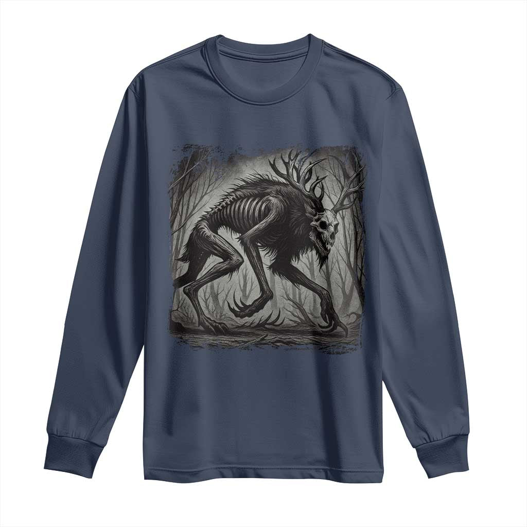 Wendigo Monster Long Sleeve Shirt Skinwalker Night Stroll Cryptid Dark Forest TS11 Navy Print Your Wear