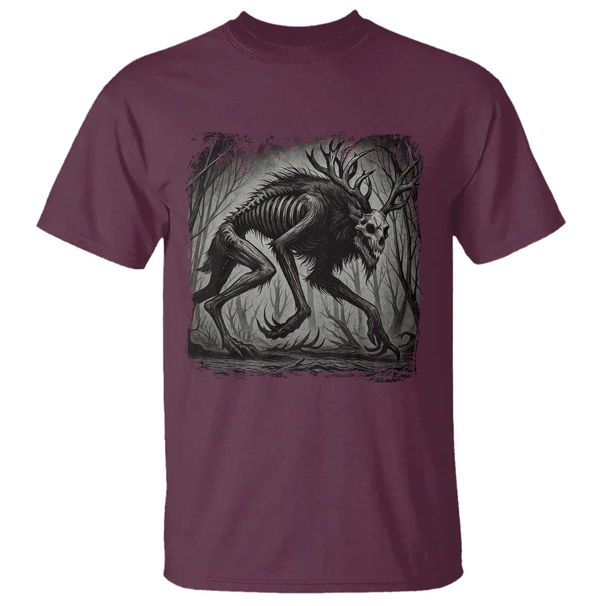 Wendigo Monster T Shirt Skinwalker Night Stroll Cryptid Dark Forest TS11 Maroon Print Your Wear