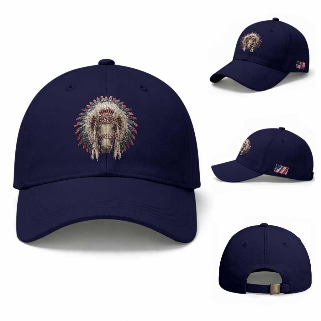 Horse Native American Indigenous Heritage War Bonnet Baseball Cap TS11 Baseball Cap Universal Fit Dark Blue Print Your Wear