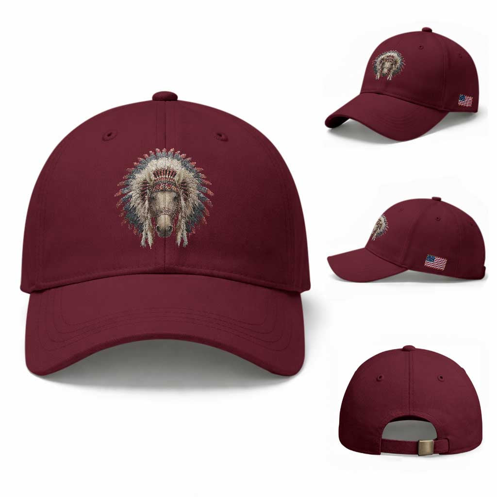 Horse Native American Indigenous Heritage War Bonnet Baseball Cap TS11 Baseball Cap Universal Fit Maroon Print Your Wear
