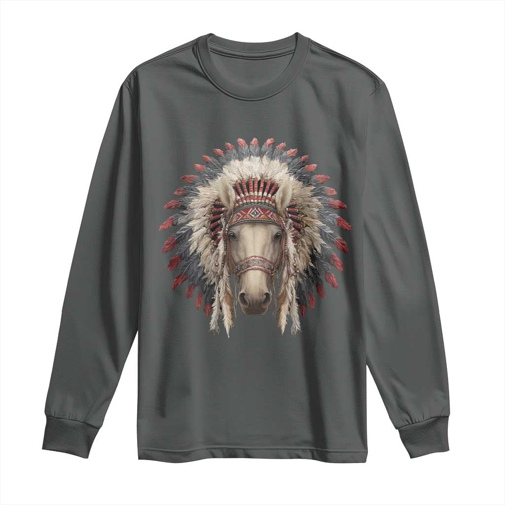 Horse Native American Indigenous Heritage War Bonnet Long Sleeve Shirt TS11 Dark Heather Print Your Wear