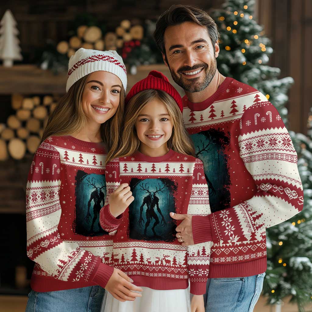 Wendigo Monster Skinwalker Mythical Cryptid Dark Forest Ugly Christmas Sweater TS11 Red Beige Print Your Wear