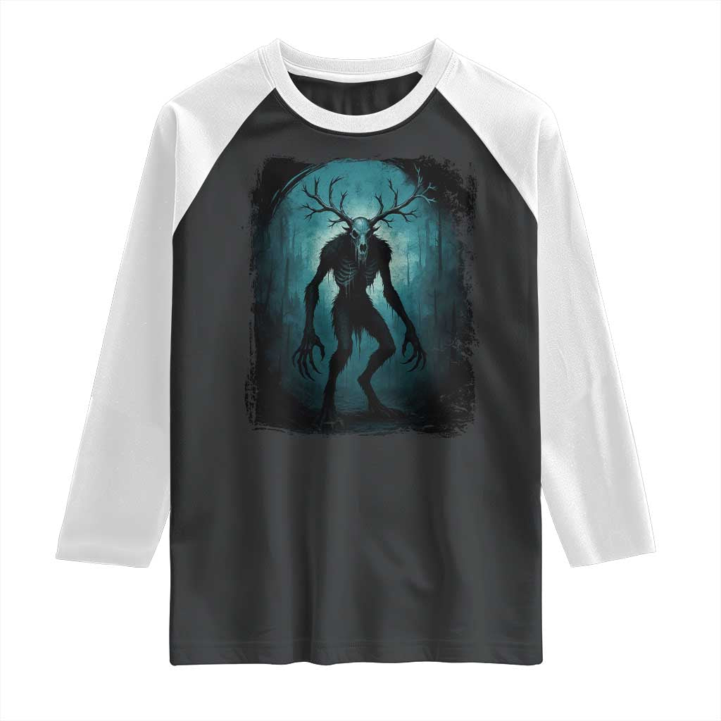 Wendigo Monster Skinwalker Mythical Cryptid Dark Forest Raglan Shirt TS11 Black White Print Your Wear