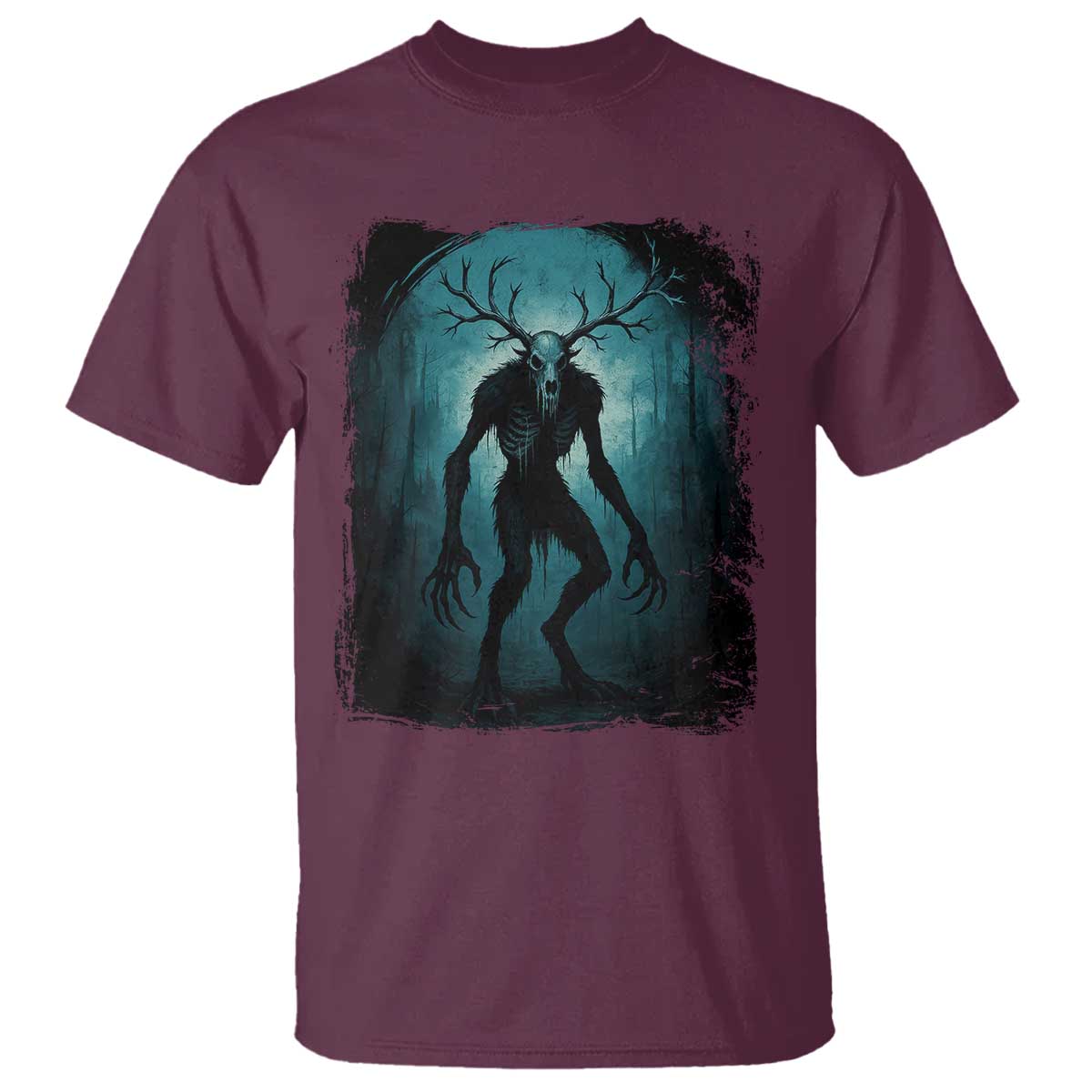 Wendigo Monster T Shirt - Skinwalker Mythical Cryptid Dark Forest Horror Tee TS11 Maroon Print Your Wear
