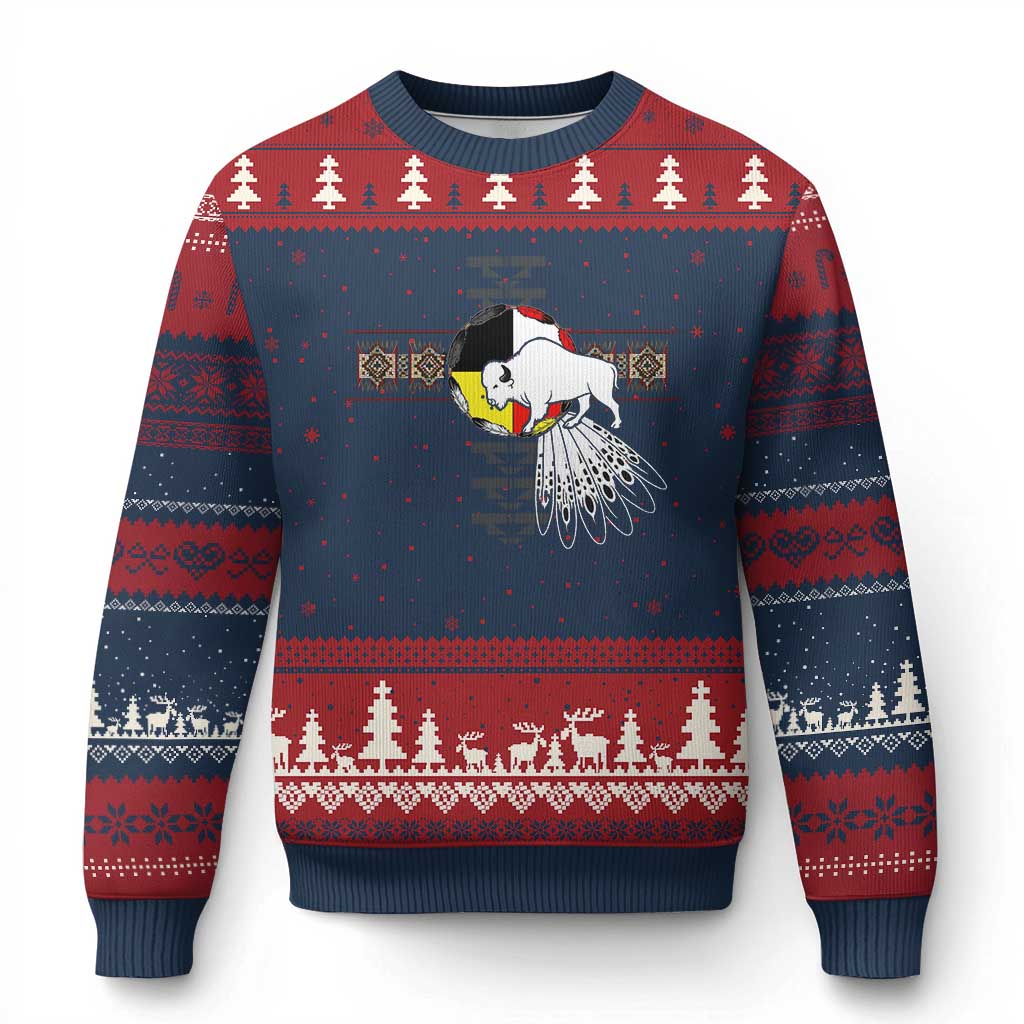 Native American White Buffalo Ugly Christmas Sweater Seven Sacred Grandfather Teachings TS11 Navy Red Print Your Wear