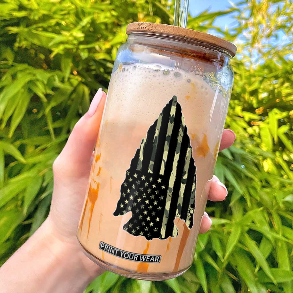 Arrowhead Hunter Vintage Camougflage USA Flag Glass Can