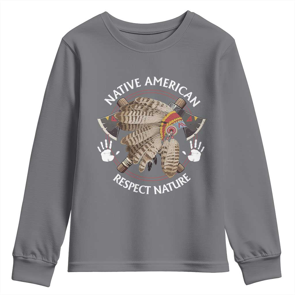 Native American Respect Nature Youth Sweatshirt Indigenous Indian War Bonnet Tomahawks TS11 Charcoal Print Your Wear