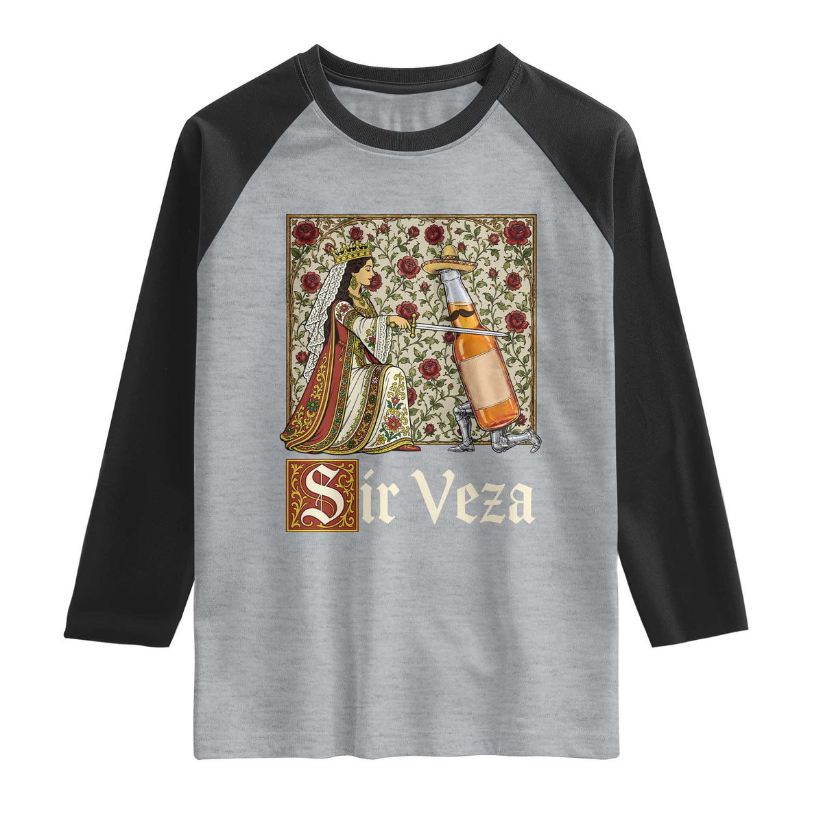 Sir Veza Beer Medieval Knight Pun Sombrero Cinco De Mayo Raglan Shirt TS11 Heather Gray Black Print Your Wear