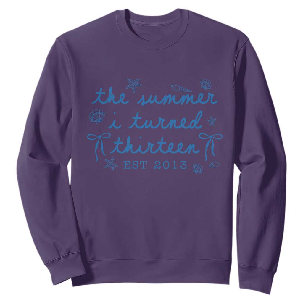 The Summer I Turned Thirteen Funny 13th Birthday Est 2013 Sweatshirt Summer Coastal Birthday Seashell Bow TS11 Purple Print Your Wear