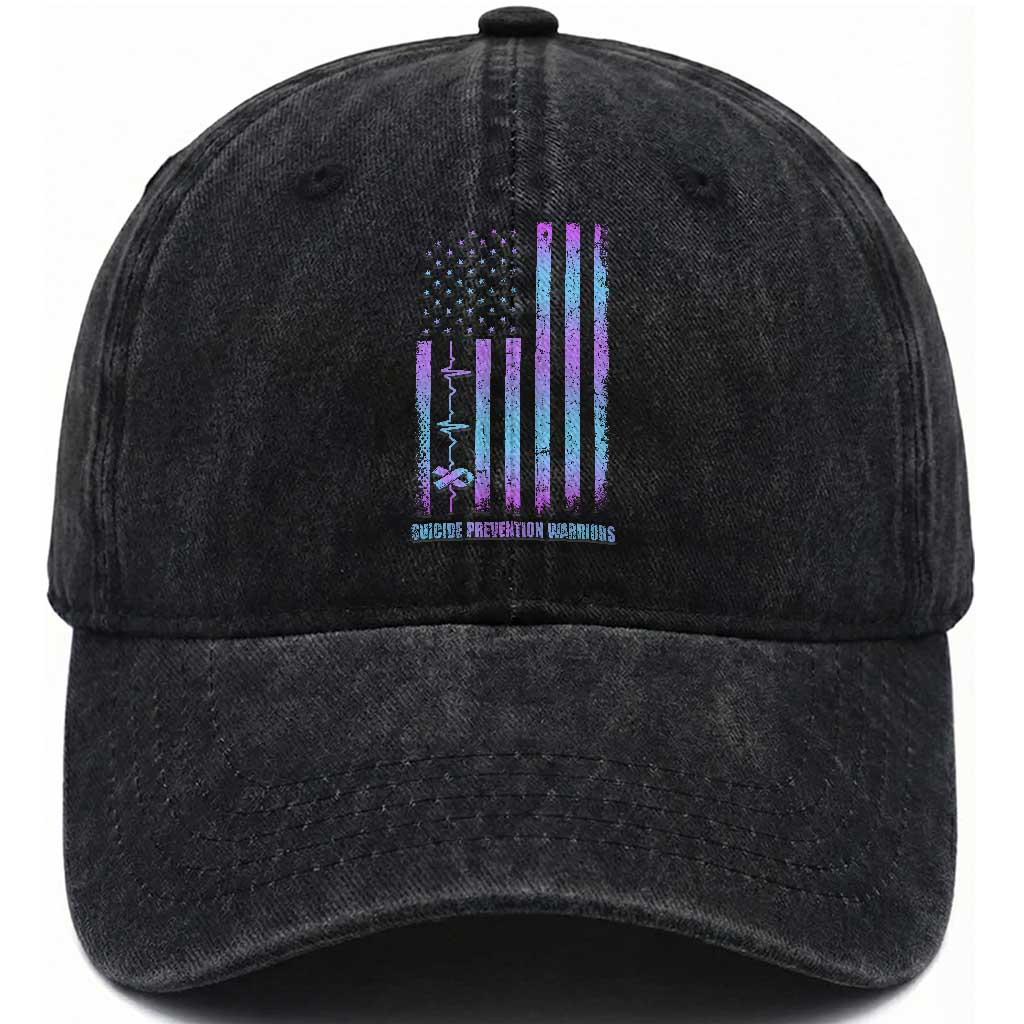 Suicide Prevention Warriors Washed Cotton Baseball Cap Vintage American Flag Heartbeat Ribbon TS11 Print Your Wear