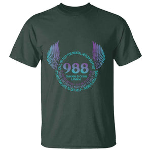 Suicide Prevention Awareness T Shirt Call Or Text For Mental Health Support 988 Suicide And Crisis Lifeline Wings TS11 Dark Forest Green Print Your Wear