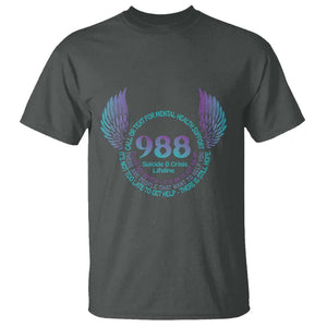 Suicide Prevention Awareness T Shirt Call Or Text For Mental Health Support 988 Suicide And Crisis Lifeline Wings TS11 Dark Heather Print Your Wear