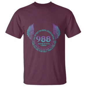 Suicide Prevention Awareness T Shirt Call Or Text For Mental Health Support 988 Suicide And Crisis Lifeline Wings TS11 Maroon Print Your Wear