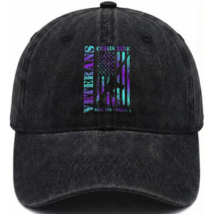 Suicide Prevention Awareness Washed Cotton Baseball Cap Veterans Crisis Line Dial 988 Press 1 American Flag Gun TS11 Print Your Wear