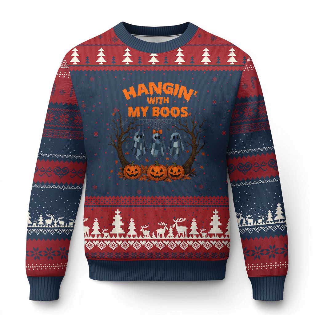 Funny Halloween Blue Denim Patchwork Ghost Ugly Christmas Sweater Hangin With My Boos