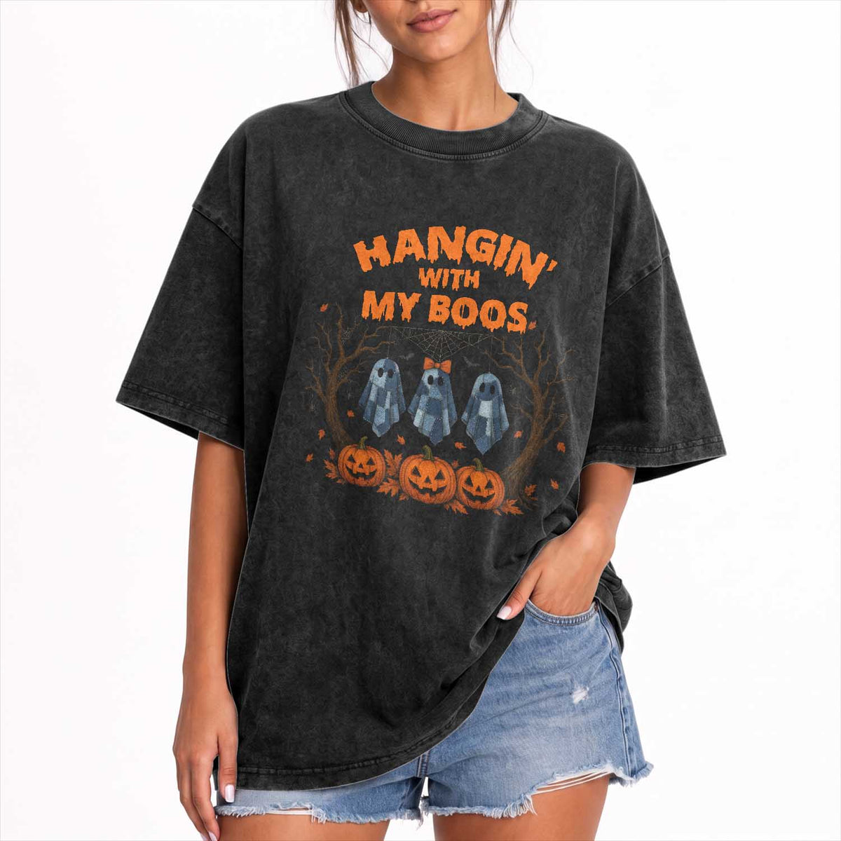 Funny Halloween Blue Denim Patchwork Ghost Washed Cotton T-Shirt Hangin With My Boos