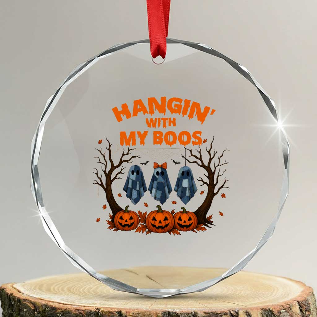 Funny Halloween Blue Denim Patchwork Ghost Crystal Glass Ornament Hangin With My Boos