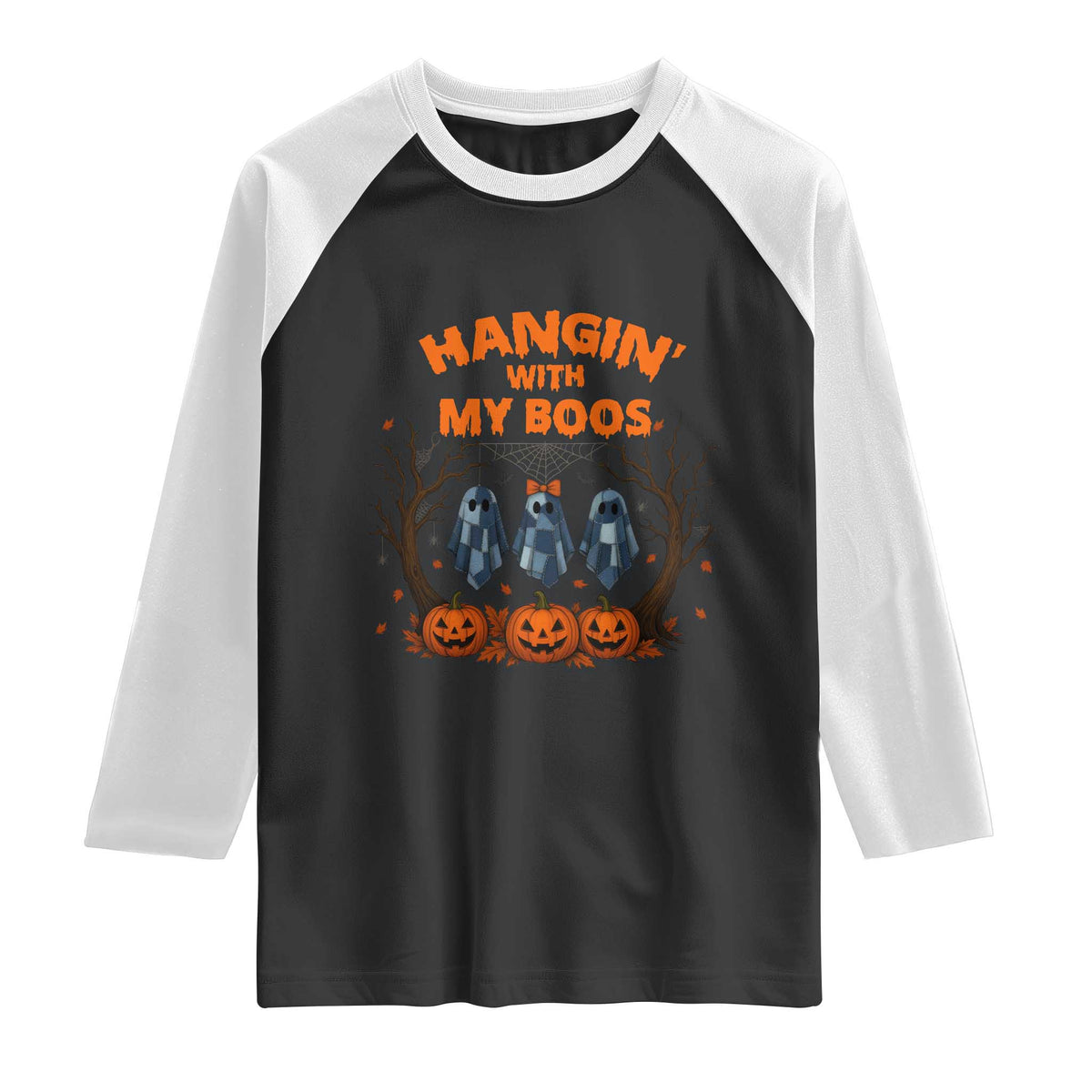 Funny Halloween Blue Denim Patchwork Ghost Raglan Shirt Hangin With My Boos