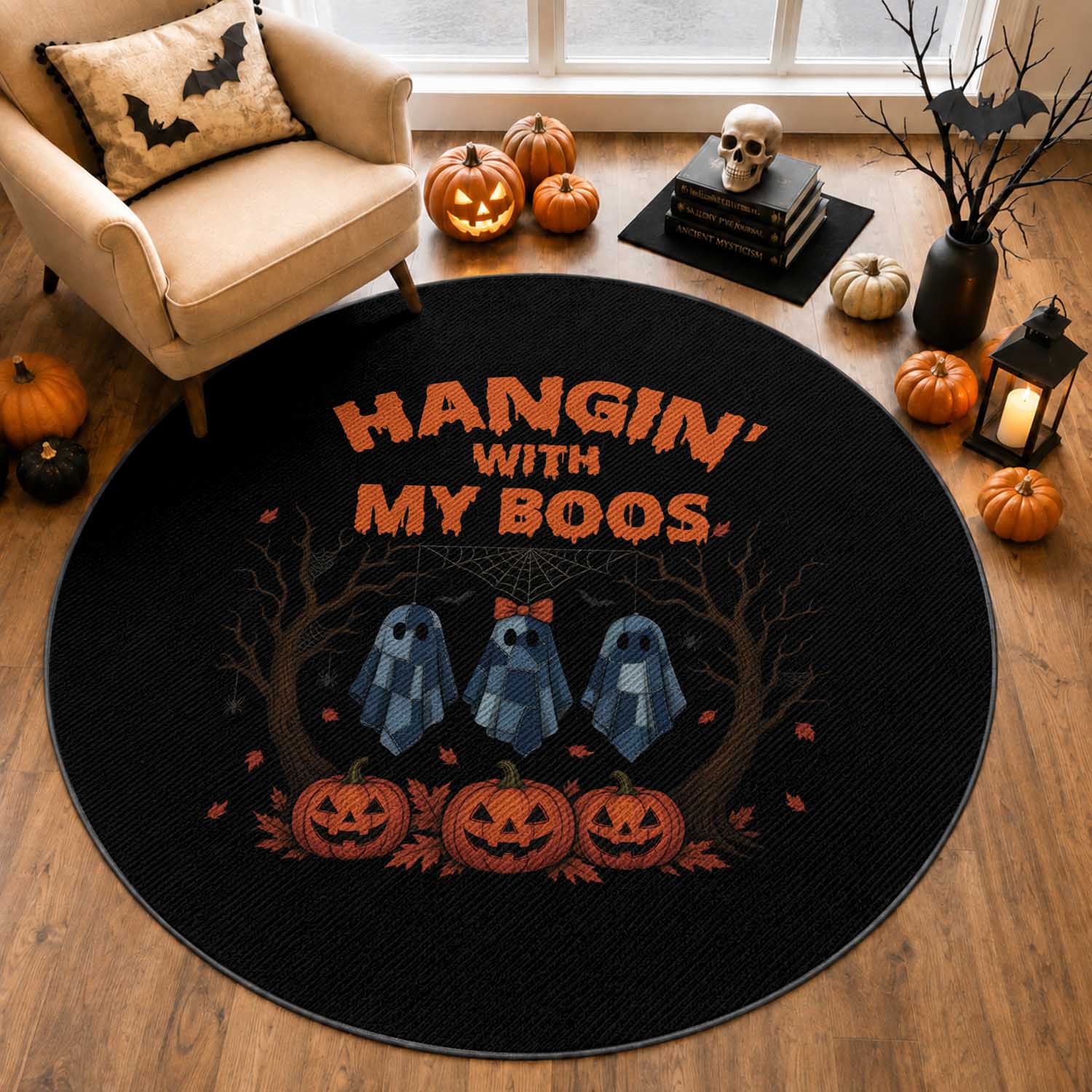 Funny Halloween Blue Denim Patchwork Ghost Round Rug Hangin With My Boos