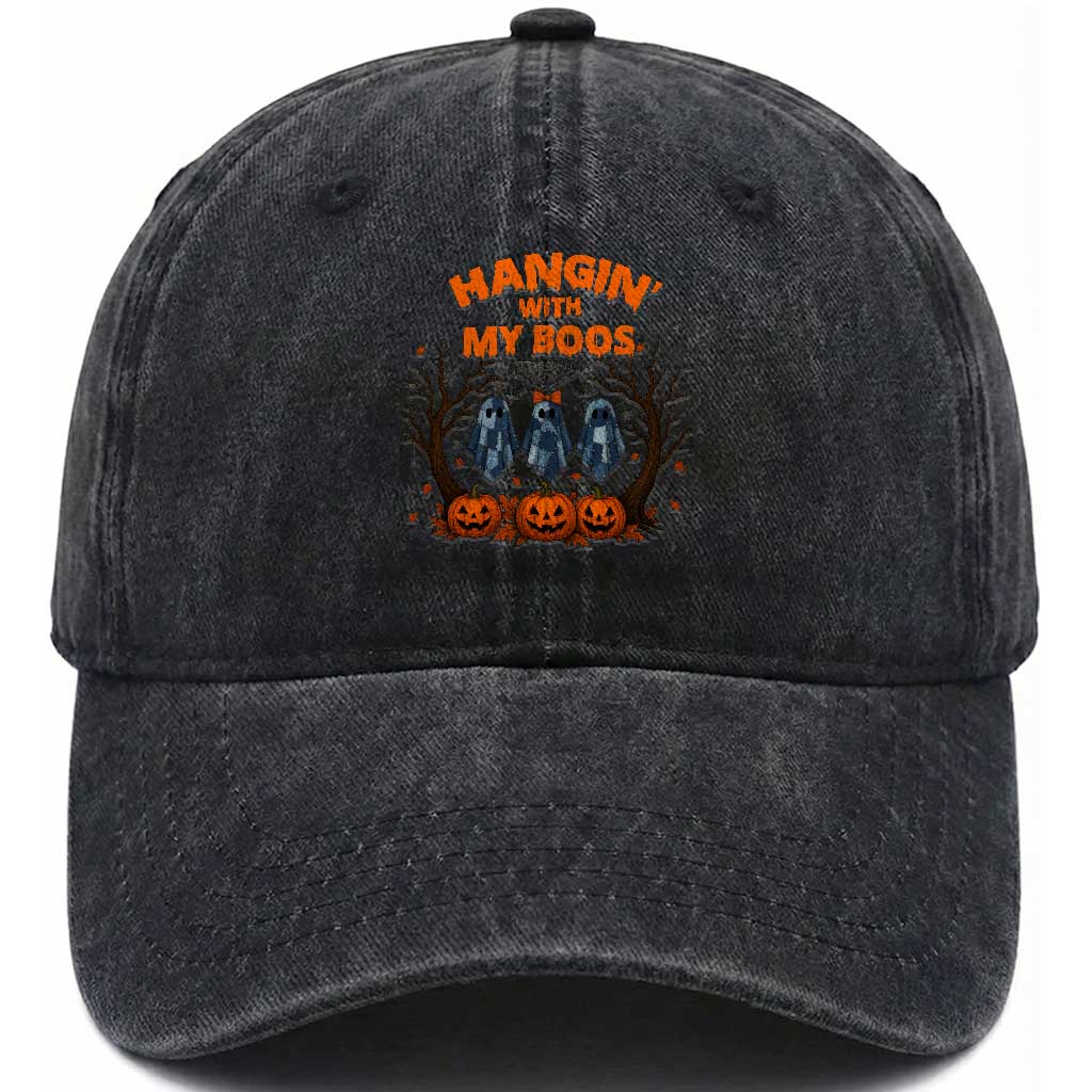 Funny Halloween Blue Denim Patchwork Ghost Washed Cotton Baseball Cap Hangin With My Boos
